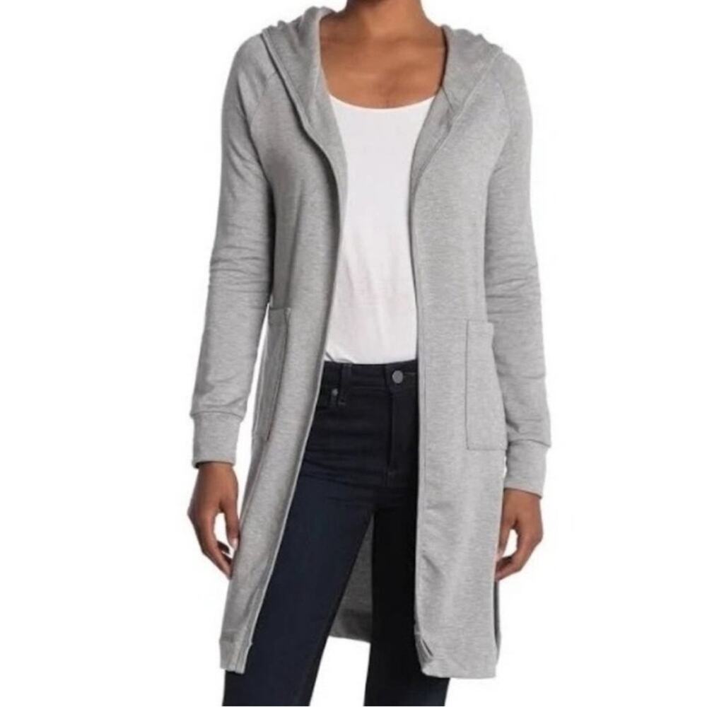Go Couture Light Gray Knit Hooded Long Sleeve Open Duster Cardigan Sz L - Picture 2 of 6